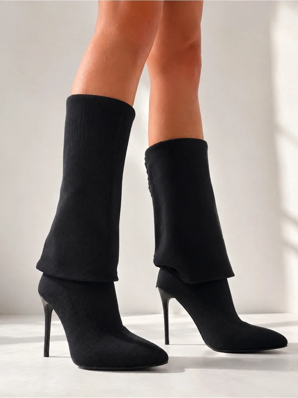 Black Thigh High Over the Knee Boots Stiletto Pointed Toe Heeled Sock Boots